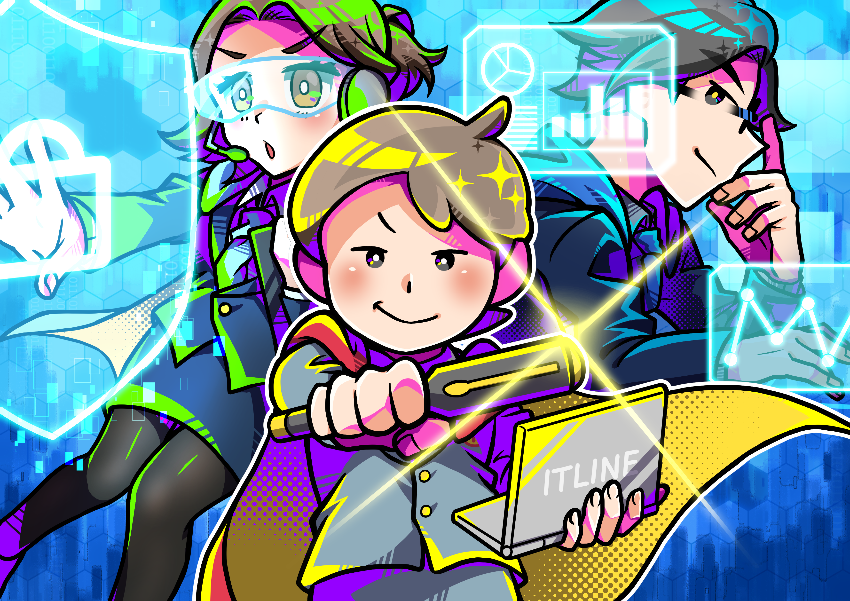 ITLINE オリジナルキャラクター3人（ITリーマン・ITビジメン・ミライちゃん）の躍動感ある集合ヒーロービジュアル ─ デザイナー鮭ちーず。手描き原画（2026年5月）
