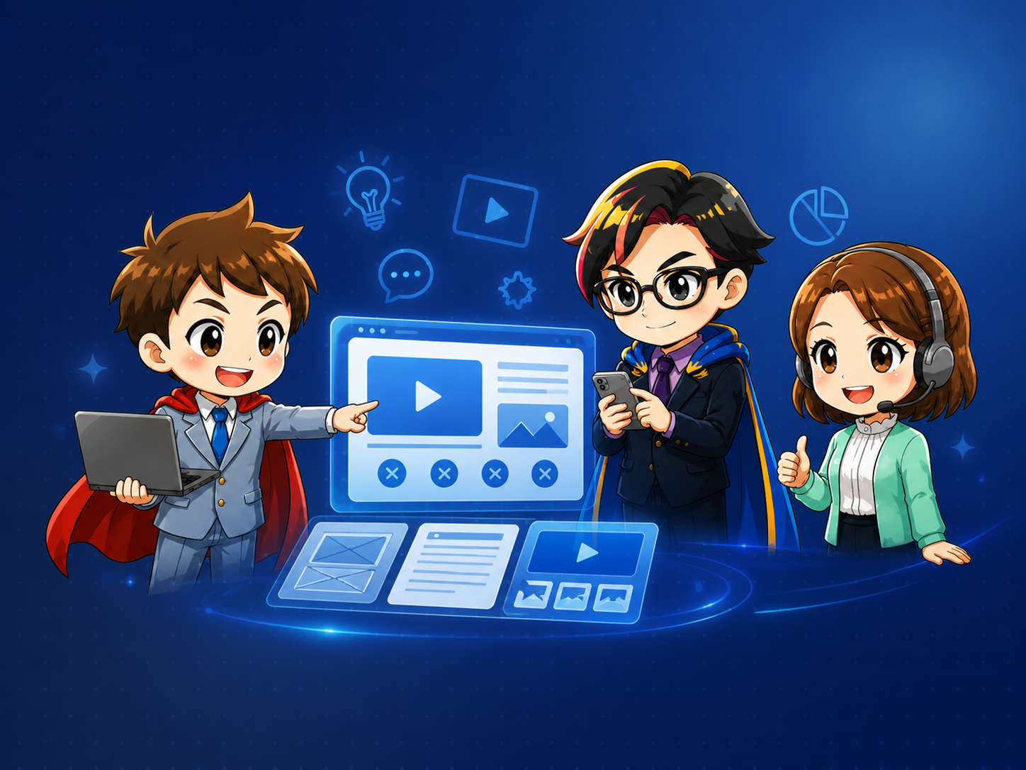 ITLINE オリジナルキャラクター3人（ITリーマン・ITビジメン・ミライちゃん）が並ぶ集合ビジュアル