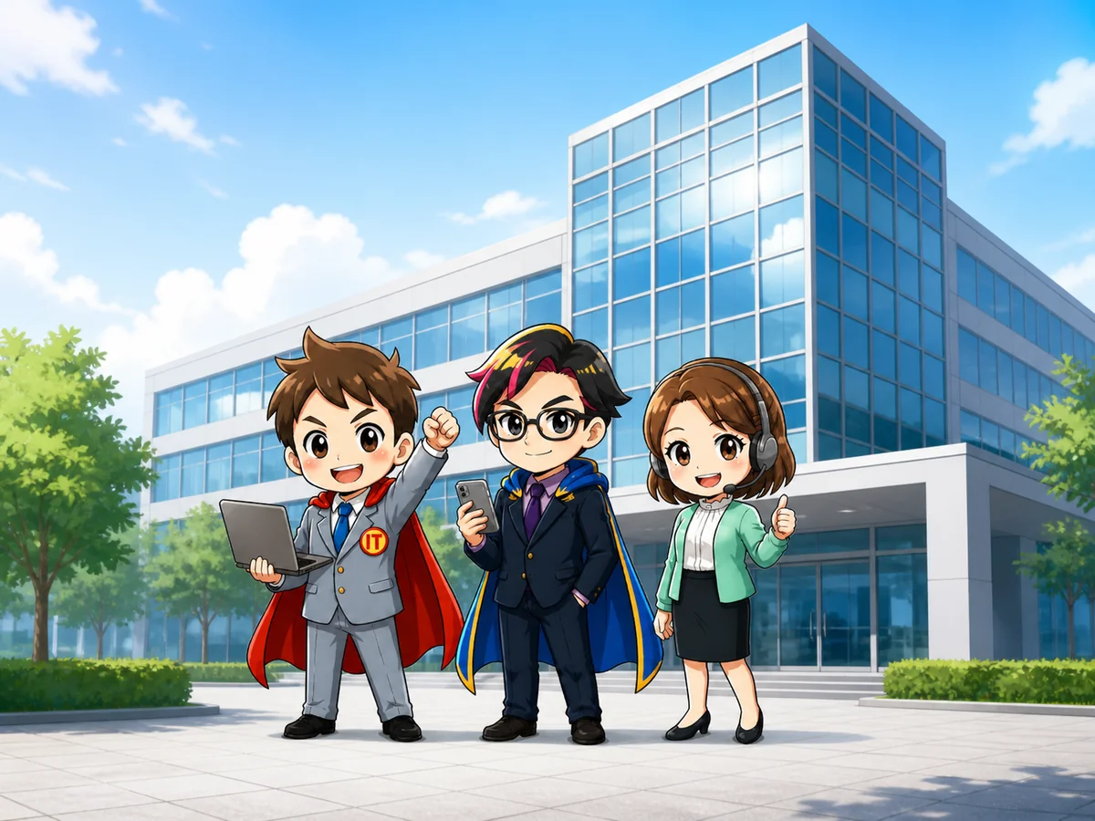 © 株式会社ITLINE ITLINE本社前で並ぶ3キャラクター
