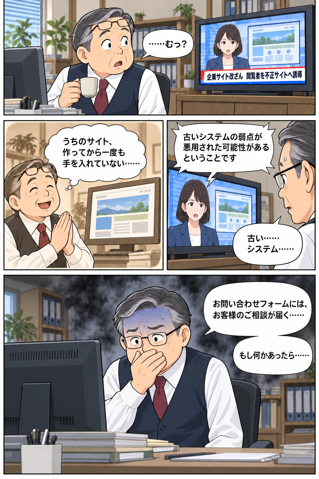 企業サイト改ざんのニュースを見た経営者が、作ってから一度も手を入れていない自社サイトのことを思い出して不安になる