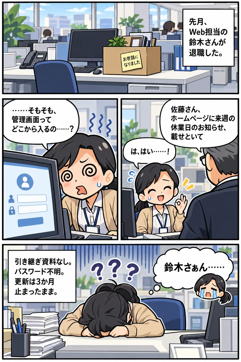 先月、Web担当の鈴木さんが退職。後任の佐藤さんは管理画面の入り方も分からず、上司から休業日のお知らせ掲載を頼まれて困ってしまう