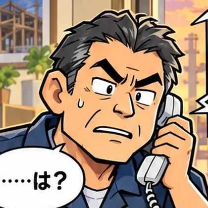 工務店の社長が、つながらない電話に驚いている様子