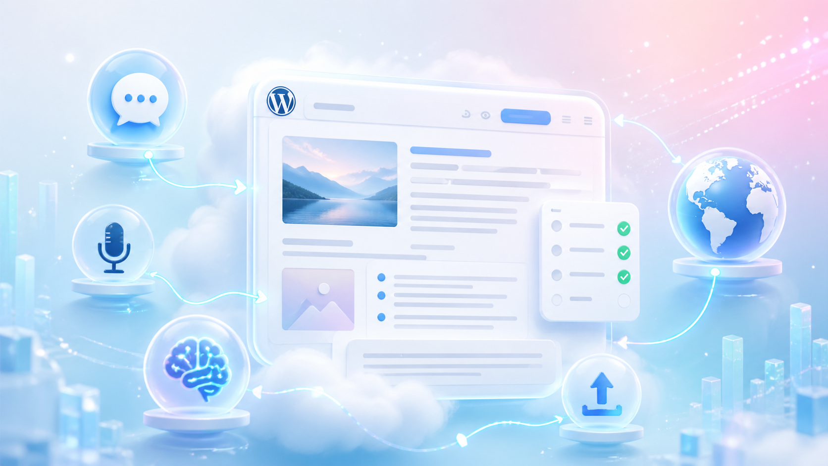 AIによるWeb更新サポートのイメージ：雲に浮かぶWordPress風プレビューパネルの周囲を、チャット、マイク、AI脳、地球、チェックリストなどのアイコンが浮遊している