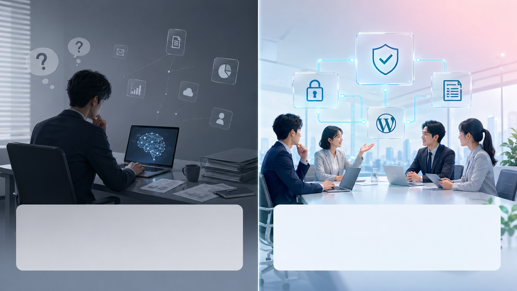 個人AI vs 法人管理AI の対比：左は1人で個人PCでAIを使い、情報管理に不安が残る様子。右はチームで承認・権限・ログ・WordPress連携を伴う法人向けAI活用環境を示す。